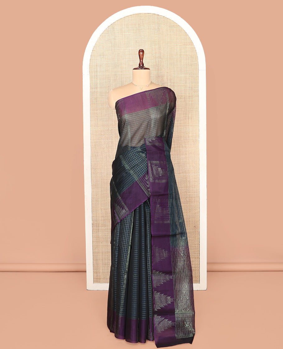 Blue Silk Cotton Saree, Accentuated with Checks On Its Body, Complemented by Contrast Temple Border, Intricately Designed Pallu and Paired with a Contrast Blouse