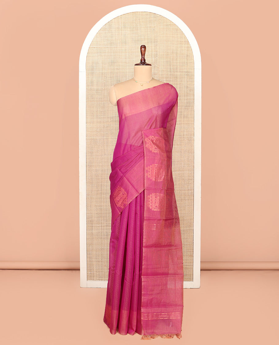 Pink Silk Cotton Saree, Decorated with Buttas All Over Its Body, Complemented by Contrast Border of Parrot Chariot Designs, Temple Pallu, and Paired with a Contrast Blouse