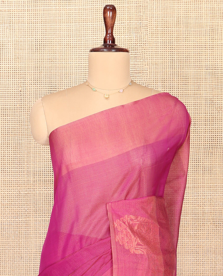 Pink Silk Cotton Saree, Decorated with Buttas All Over Its Body, Complemented by Contrast Border of Parrot Chariot Designs, Temple Pallu, and Paired with a Contrast Blouse