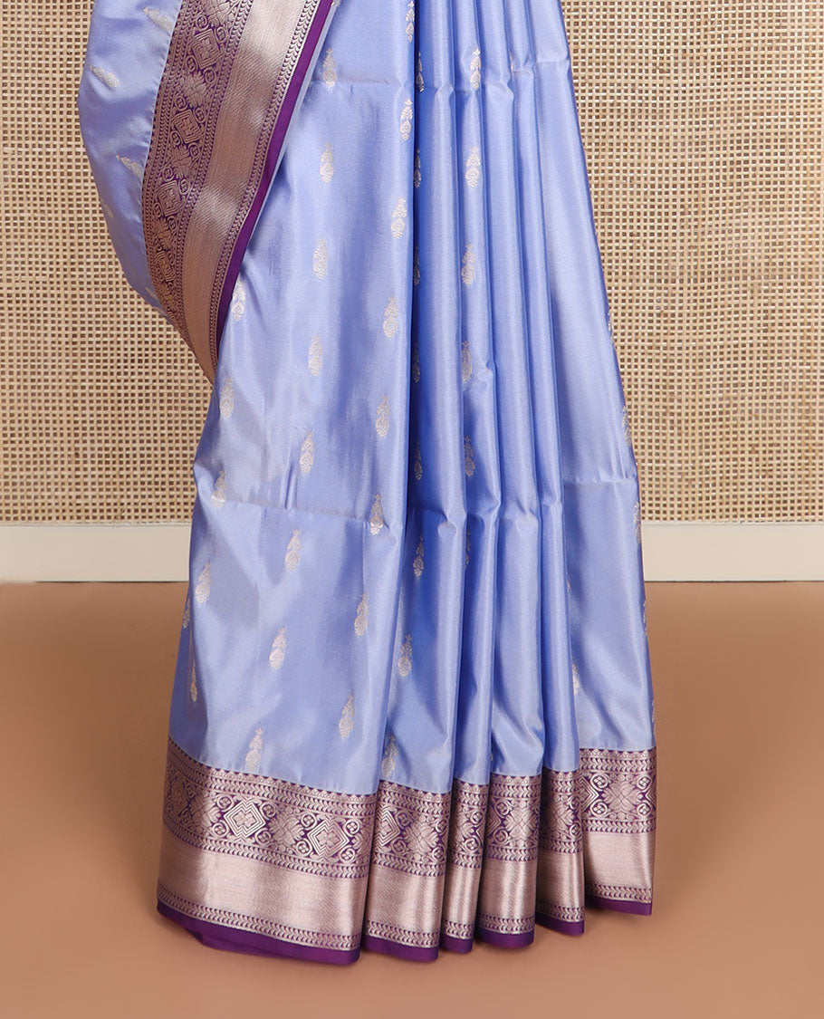 Blue zari buttas soft silk saree, contrast traditional zari design border, and pallu of scallop designs