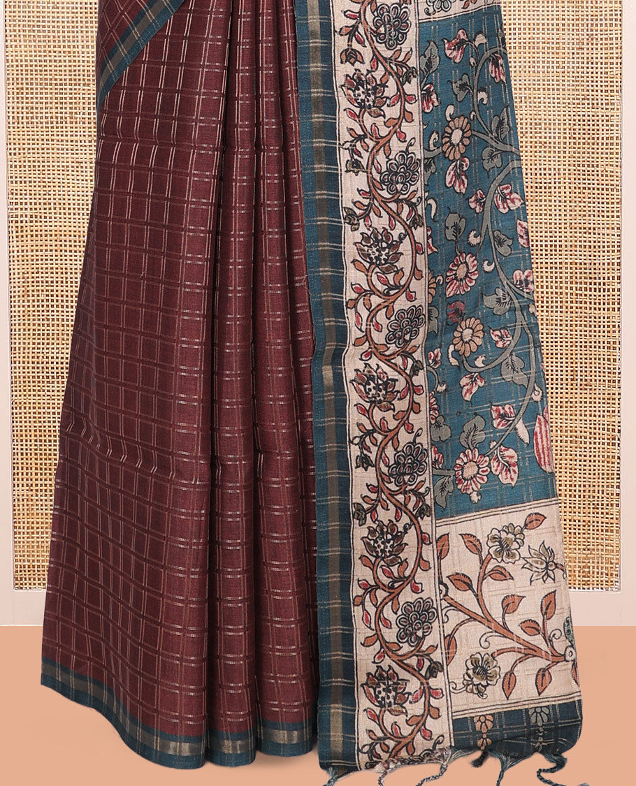 Brown Fancy Tussar Silk Saree, Embellished with Checked Design, Contrast Zari Piping Border, Pallu of Kalamkari Motifs, and Contrast Kalamkari Printed Blouse