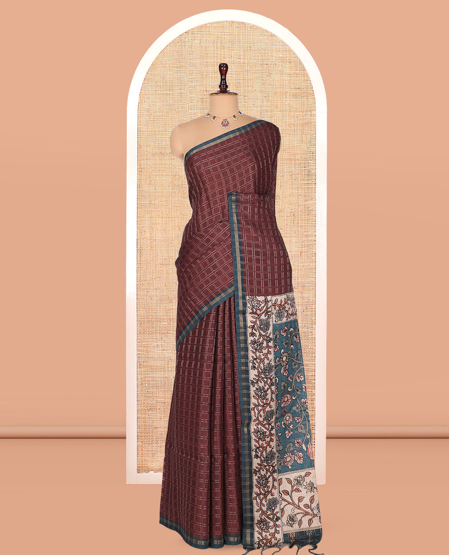Brown Fancy Tussar Silk Saree, Embellished with Checked Design, Contrast Zari Piping Border, Pallu of Kalamkari Motifs, and Contrast Kalamkari Printed Blouse