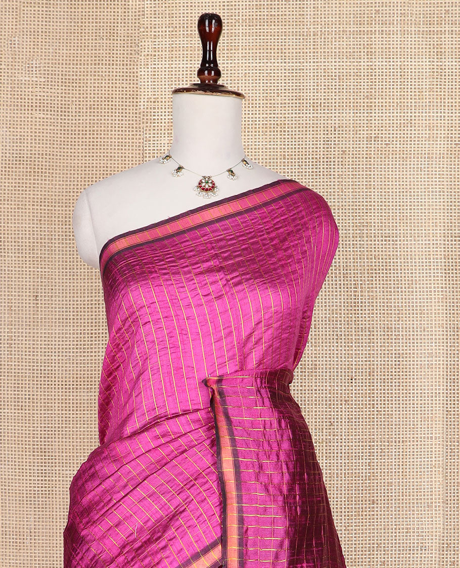 Purple checked tussar silk saree, zari border, and contrast striped pallu