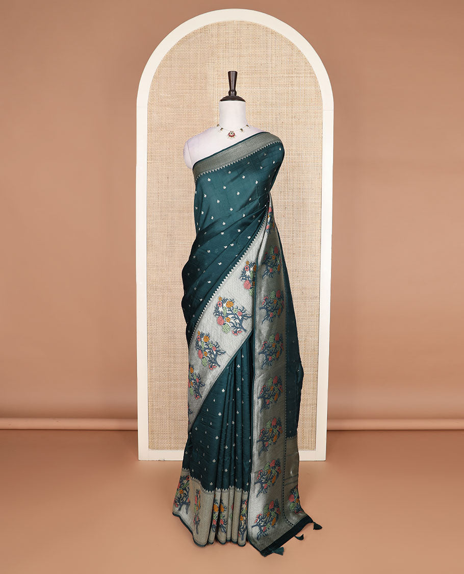Green buttas Matka silk saree, temple floral design temple border, and floral design pallu