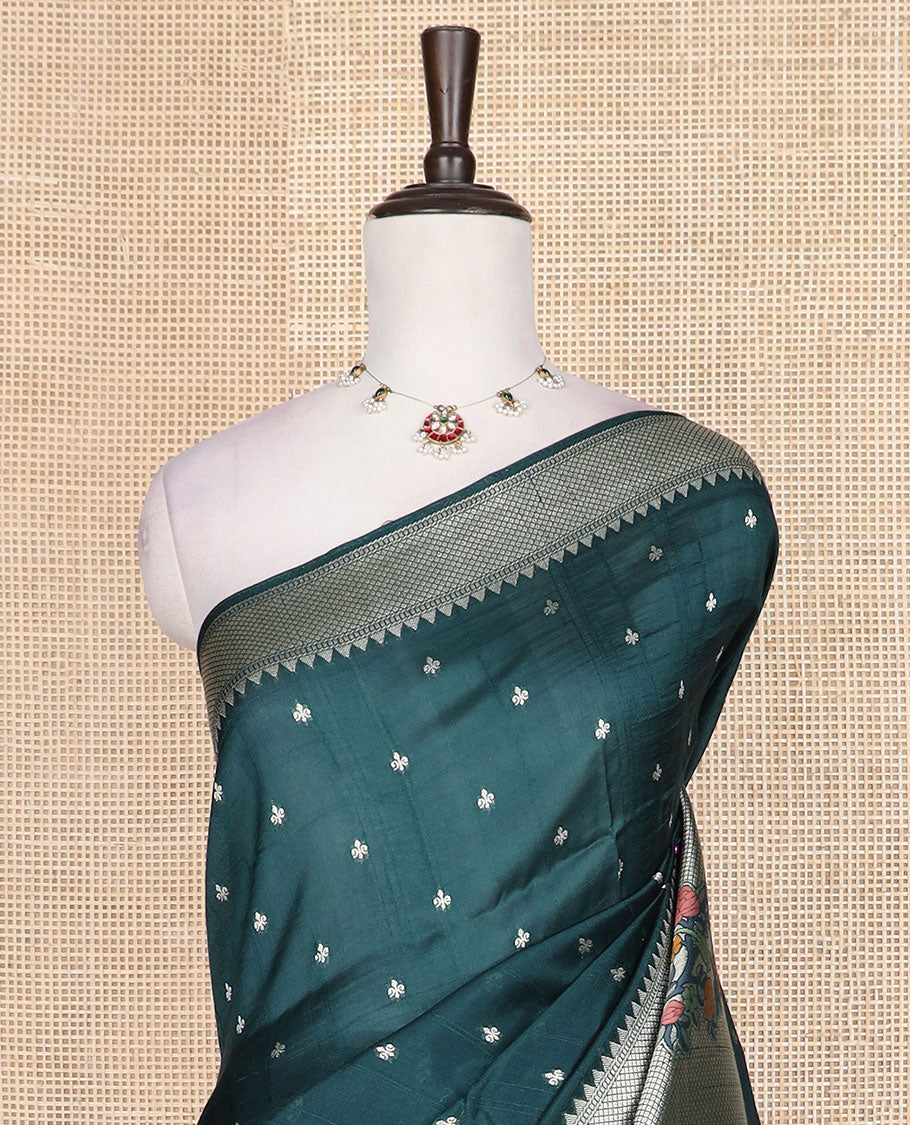 Green buttas Matka silk saree, temple floral design temple border, and floral design pallu