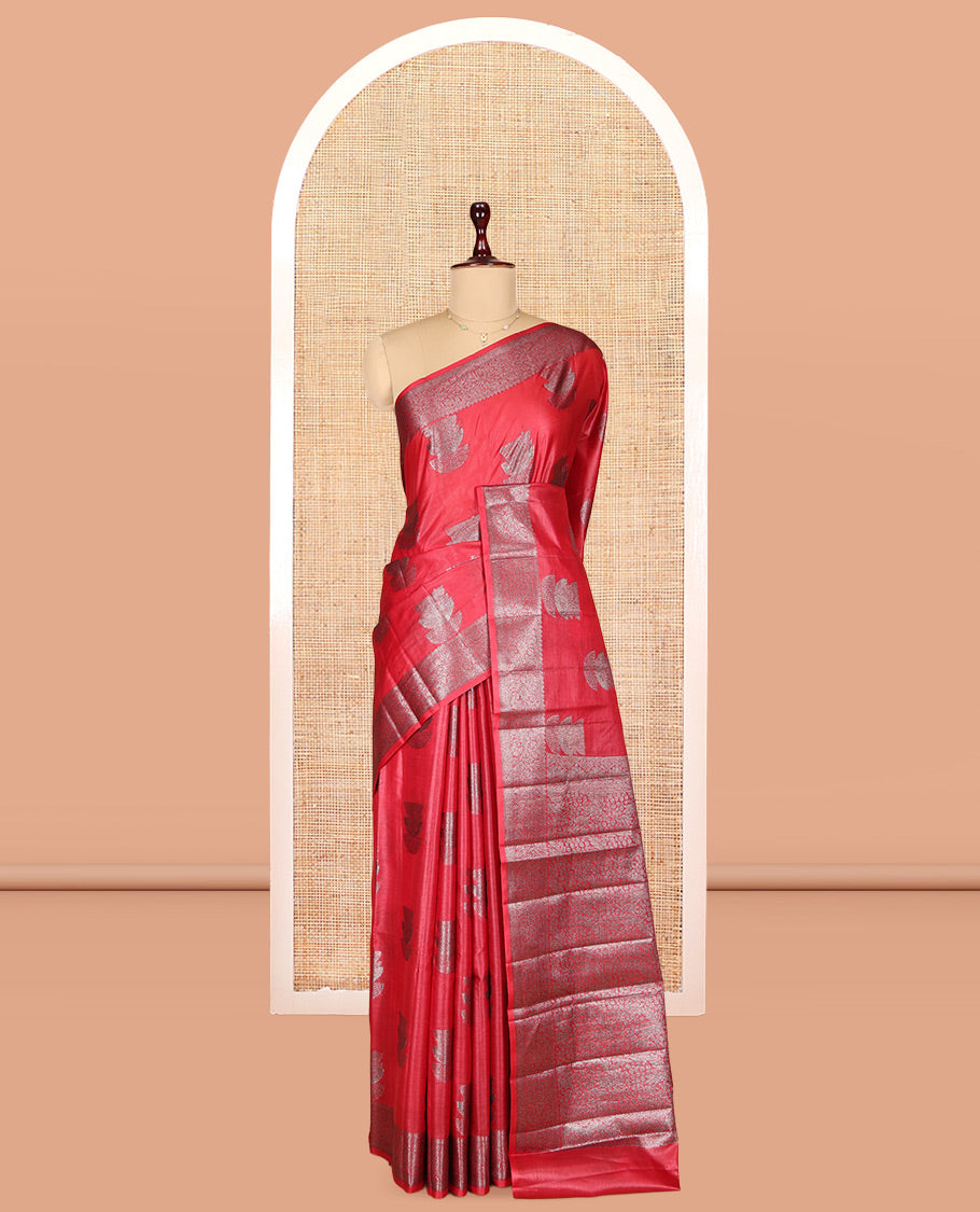 Red Tusser Silk Saree, Elevated with Zari Buttas, a Zari Border, Grand Pallu, and a Matching Blouse