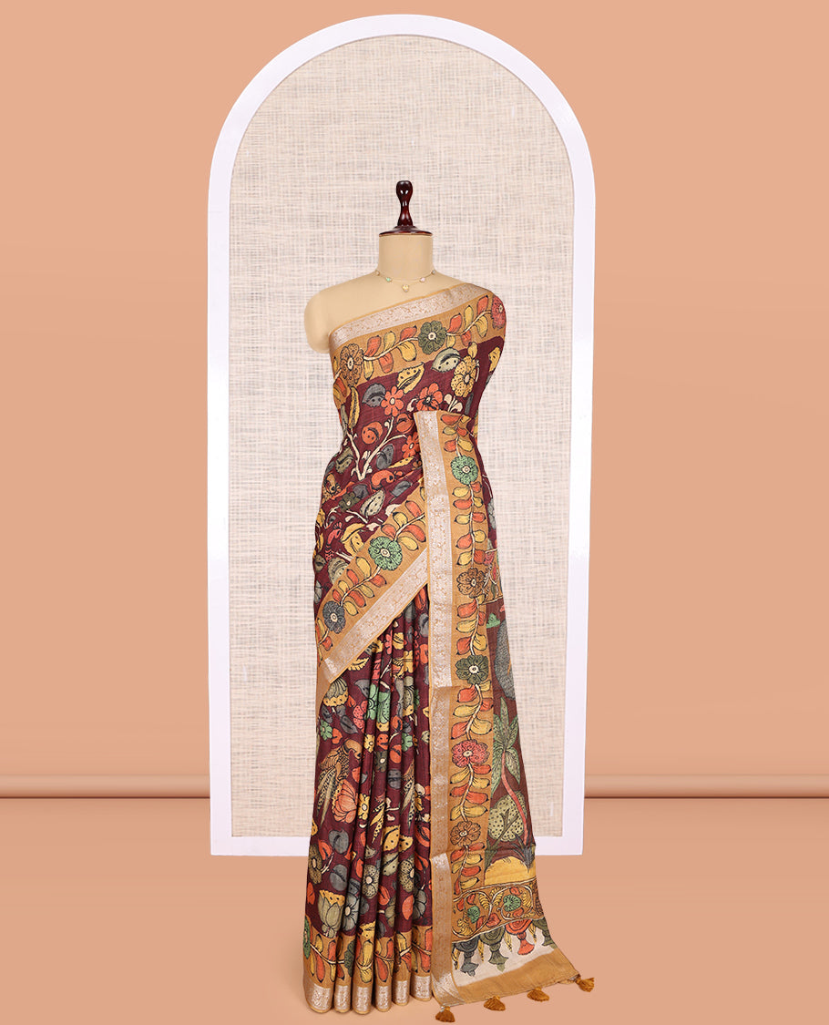 Maroon Kalamkari Printed Fancy Tussar Saree