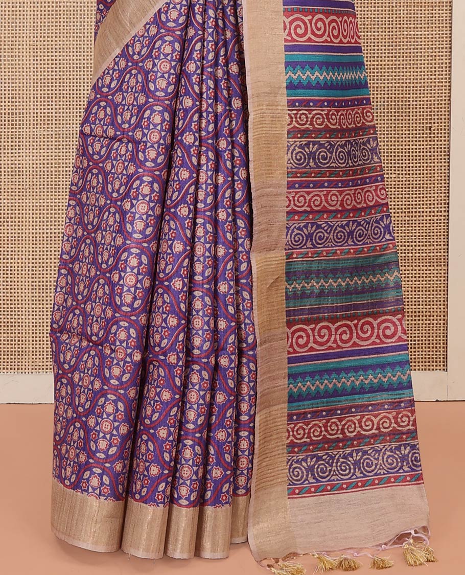 Blue Tussar Silk Saree Decked Up with Ogee Patterns All Over Its Body, Featuring a Contrast Border, Pallu Featuring Geometric Motifs Print, and Paired with a Contrast Blouse