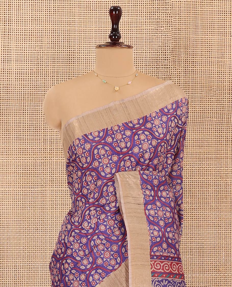 Blue Tussar Silk Saree Decked Up with Ogee Patterns All Over Its Body, Featuring a Contrast Border, Pallu Featuring Geometric Motifs Print, and Paired with a Contrast Blouse
