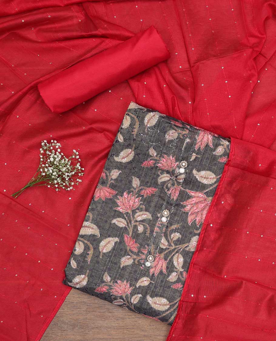 Black chudidhar material set floral printed top, contrast plain bottom & sequins embroidery dupatta