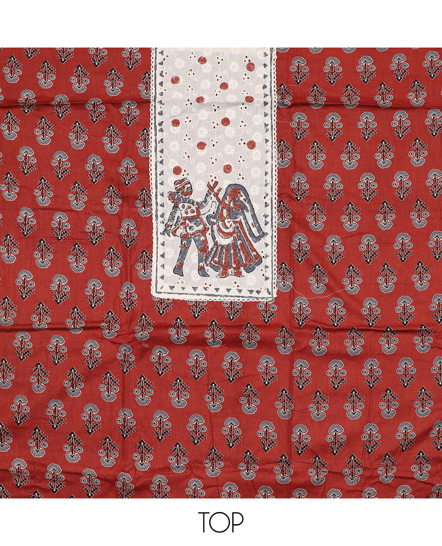 Terracotta material chudidar set, Ajrakh floral motifs with neck patch embroidered top, plain bottom and contrast thread geometric patterns woven dupatta