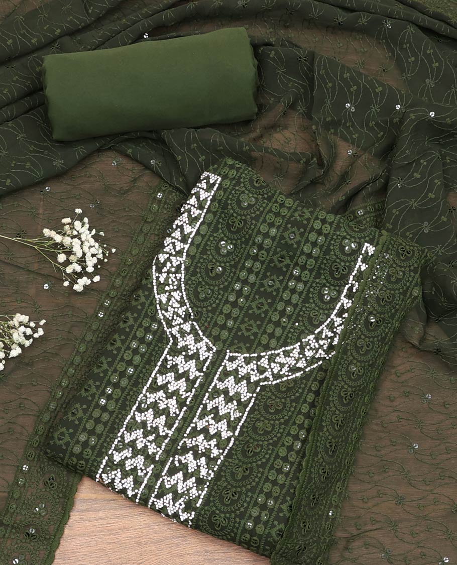 Green Material Chudidar Set, Decked Up with Chikankari-style Thread Embroidered and Neck Stone Work Georgette Top, a Plain Santoon Bottom, and Paired with Embroidered Georgette Dupatta