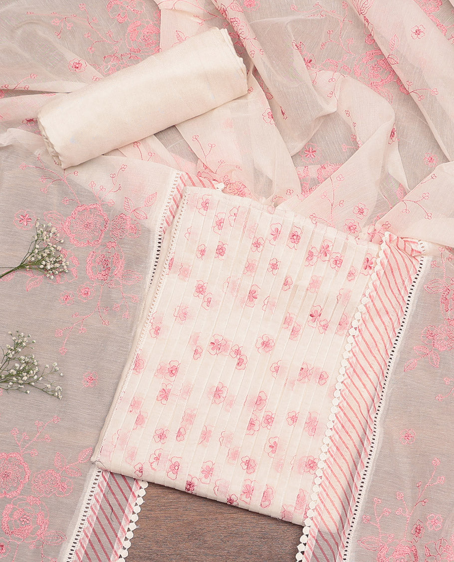 Cream-Pink Cotton Material Churidar Set Featuring Floral Embroidery Top, Matching Bottom, and Floral Embroidery Dupatta