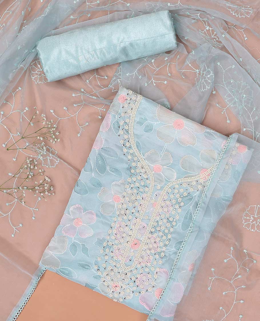 Light blue chudidhar material set floral bead embroidered top, plain bottom & floral sequins embroidered dupatta