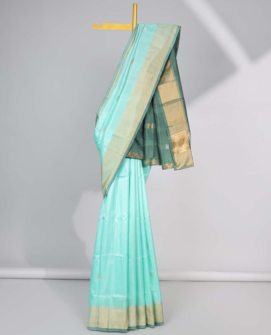 Blue geometric motifs upadda silk saree with contrast zari border & geometric zari design pallu