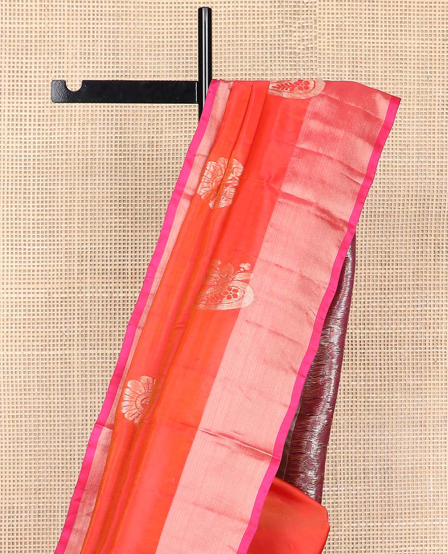 Red floral motifs uppada silk saree with contrast zari border & checked floral design pallu