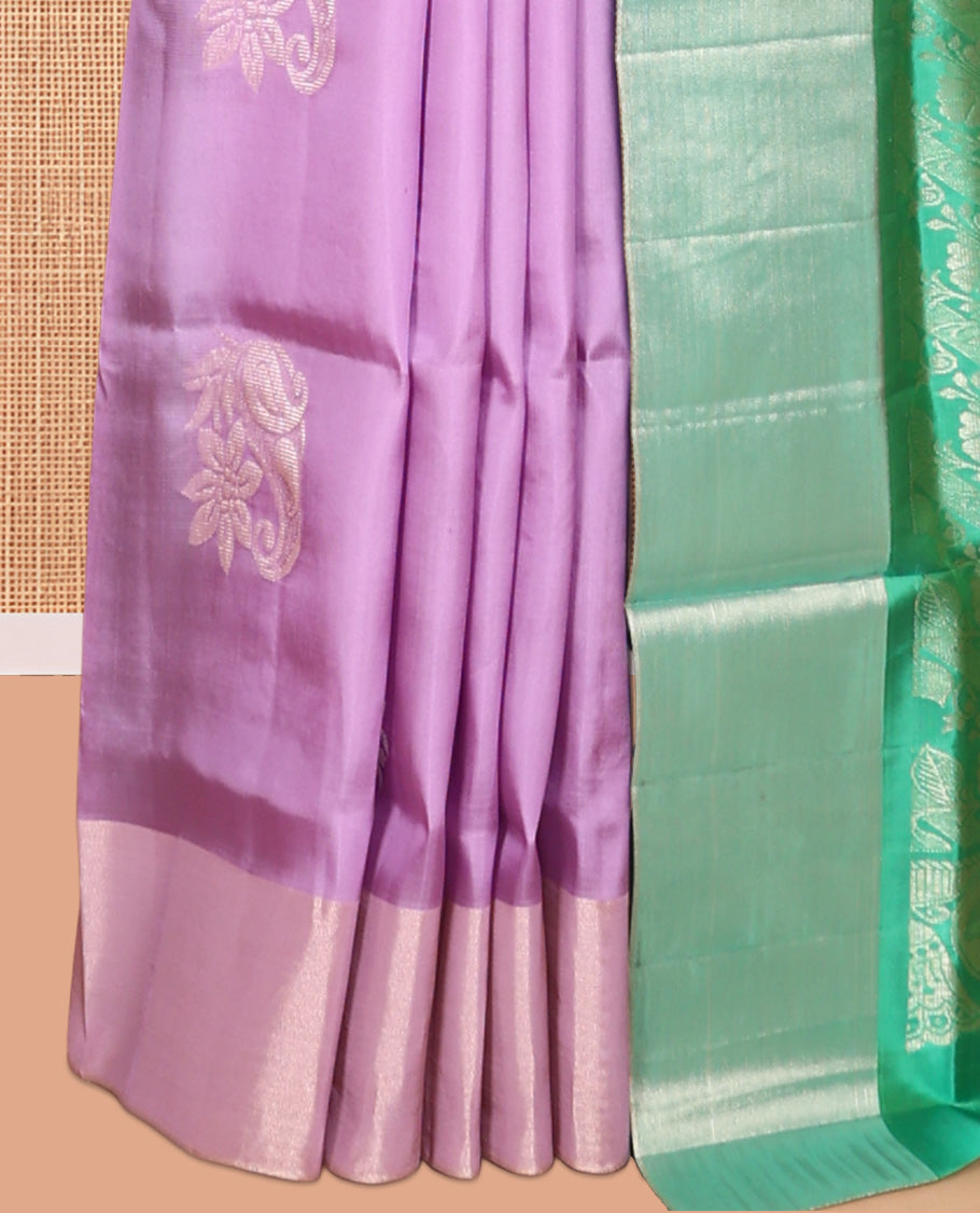 Lavender Semi Uppada Saree, Accentuated with Zari Buttas, a Bavanji Border, Contrast Floral Pallu, and a Contrast Blouse