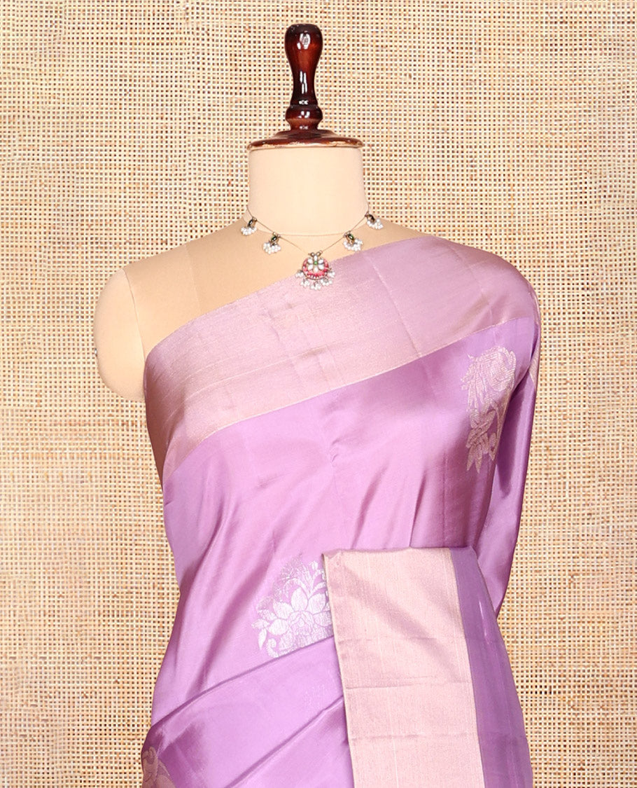 Lavender Semi Uppada Saree, Accentuated with Zari Buttas, a Bavanji Border, Contrast Floral Pallu, and a Contrast Blouse
