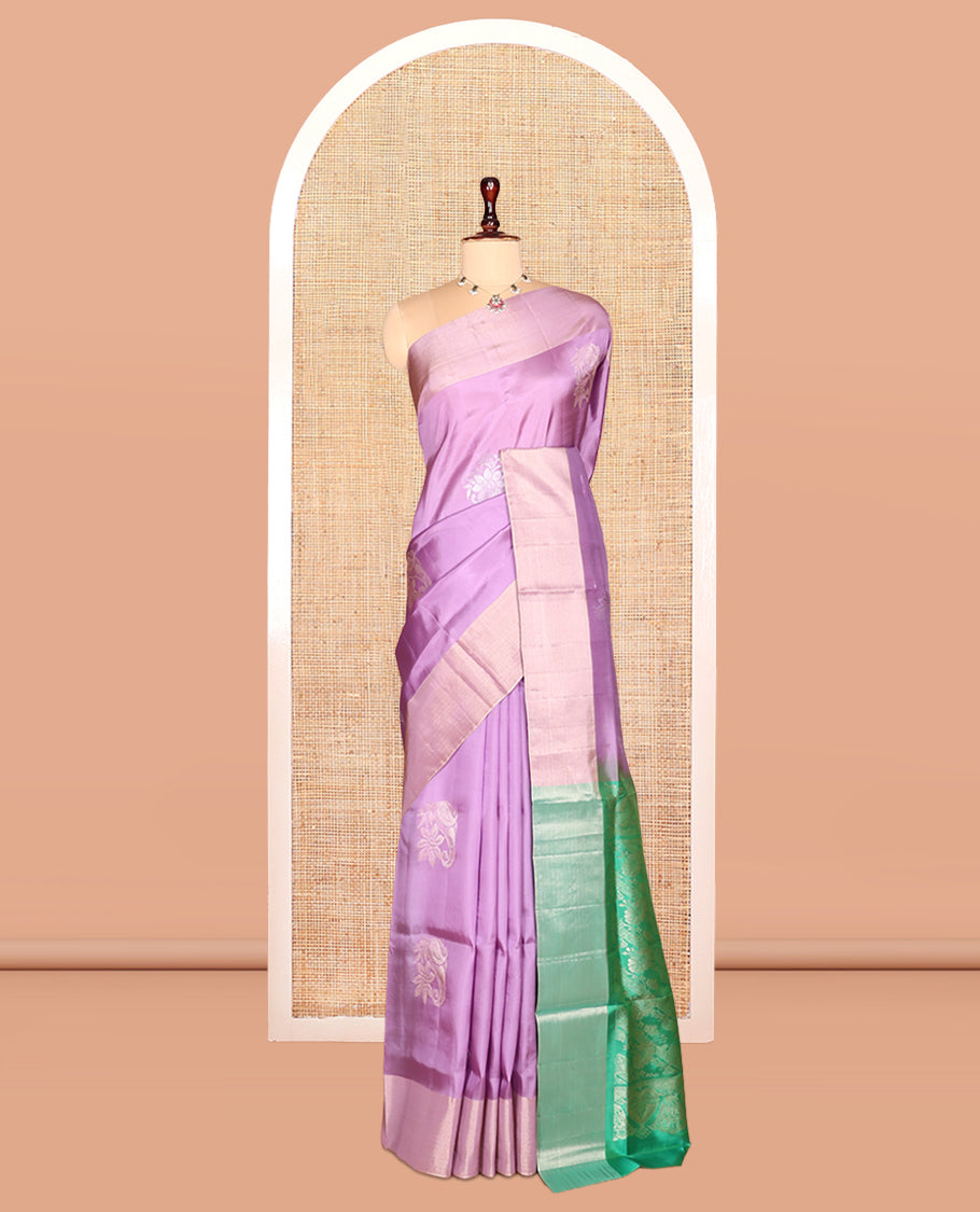 Lavender Semi Uppada Saree, Accentuated with Zari Buttas, a Bavanji Border, Contrast Floral Pallu, and a Contrast Blouse