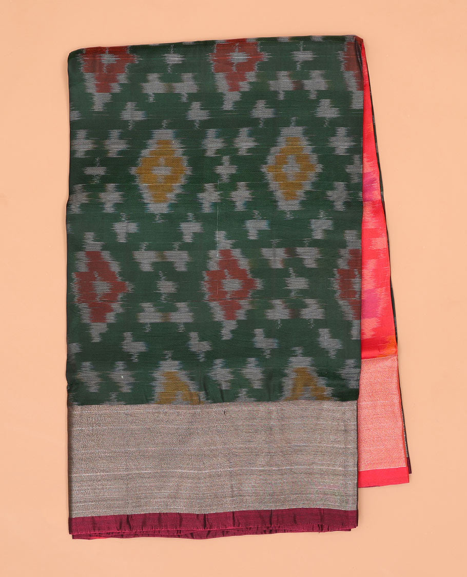 Light Green ikkat argyle semi-uppada saree with contrast zari border & intricate ikkat design pallu
