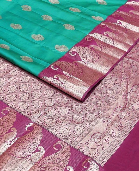 Green manga buttas Vasundhara silk mix saree, contrast manga butta & geometric patterns border & pallu of spade designs