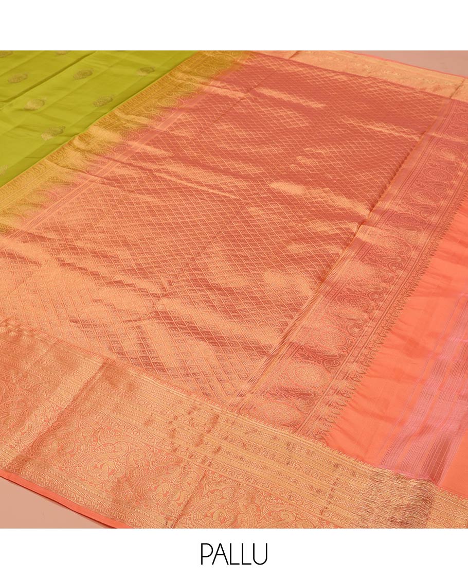 Green Vasundhara Lite-Silk Mix Saree, Embellished with Zari Buttas on Its Body, Complemented by Contrast Border of Mayil Kann, Laddu Kamalam, and Mayil Designs, Gracefully Woven Pallu of Jaal Designs, and Paired with a Contrast Blouse