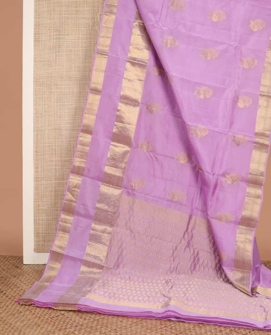 Pink mayil buttas Vasundhara silk mix saree, rettai pettu border of rekku, banaras, poun, mayil, and kuyil kann designs, and zari design pallu