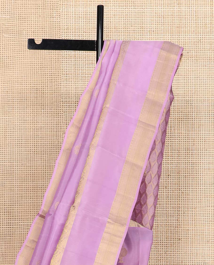 Pink mayil buttas Vasundhara silk mix saree, rettai pettu border of rekku, banaras, poun, mayil, and kuyil kann designs, and zari design pallu