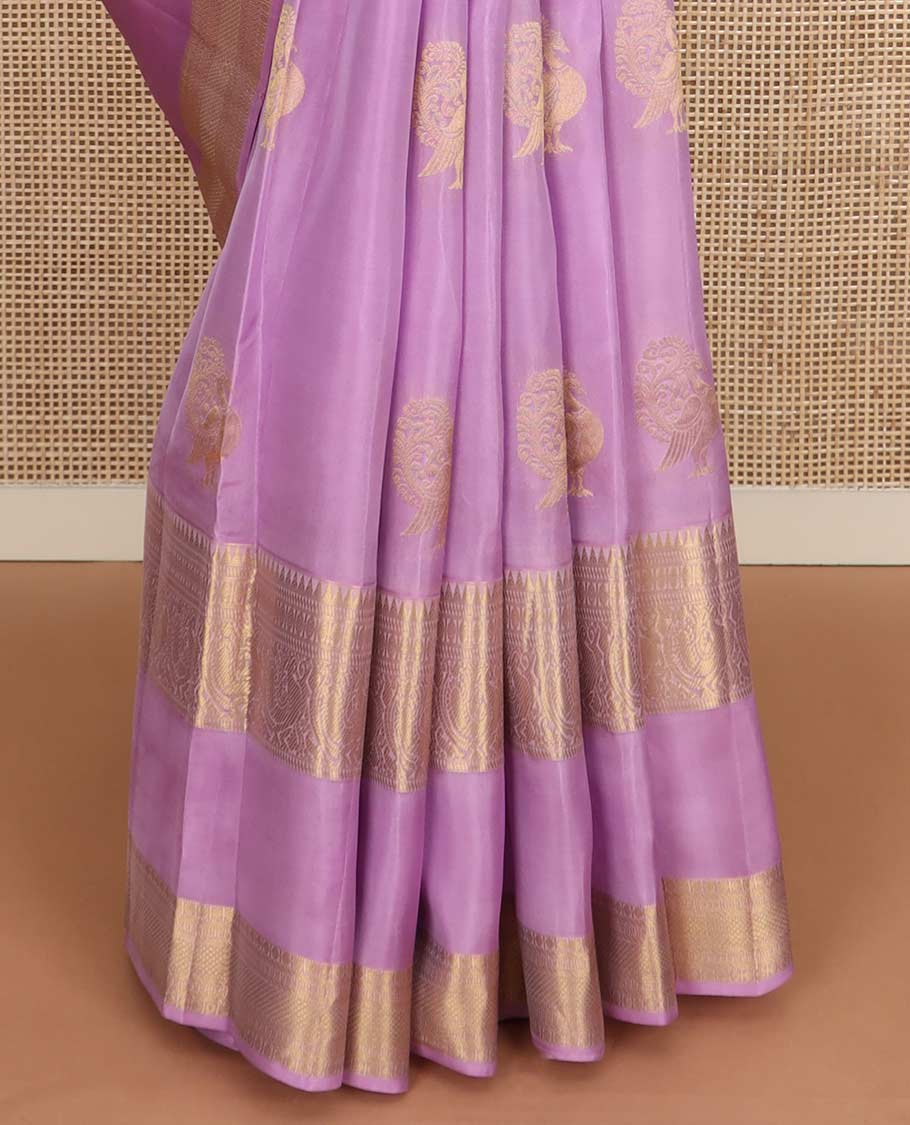 Pink mayil buttas Vasundhara silk mix saree, rettai pettu border of rekku, banaras, poun, mayil, and kuyil kann designs, and zari design pallu