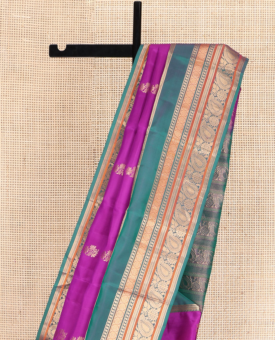 Rani Pink Vasundhara Lite Silk Mix Saree,Adorned with Floral Zari Buttas, Complemented by a Contrast Rettai Pettu Border of Rekku, Diamond, Manga, Neli, Chakram, Banaras, and Arumbu Manga Designs, Gandly Zari-Woven Pallu, and Paired with a Contrast Blouse