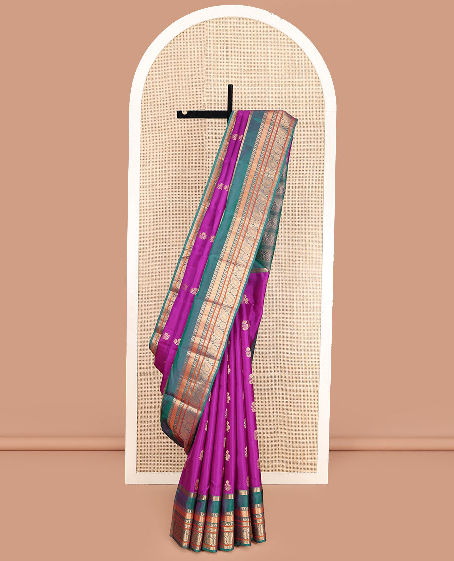 Rani Pink Vasundhara Lite Silk Mix Saree,Adorned with Floral Zari Buttas, Complemented by a Contrast Rettai Pettu Border of Rekku, Diamond, Manga, Neli, Chakram, Banaras, and Arumbu Manga Designs, Gandly Zari-Woven Pallu, and Paired with a Contrast Blouse