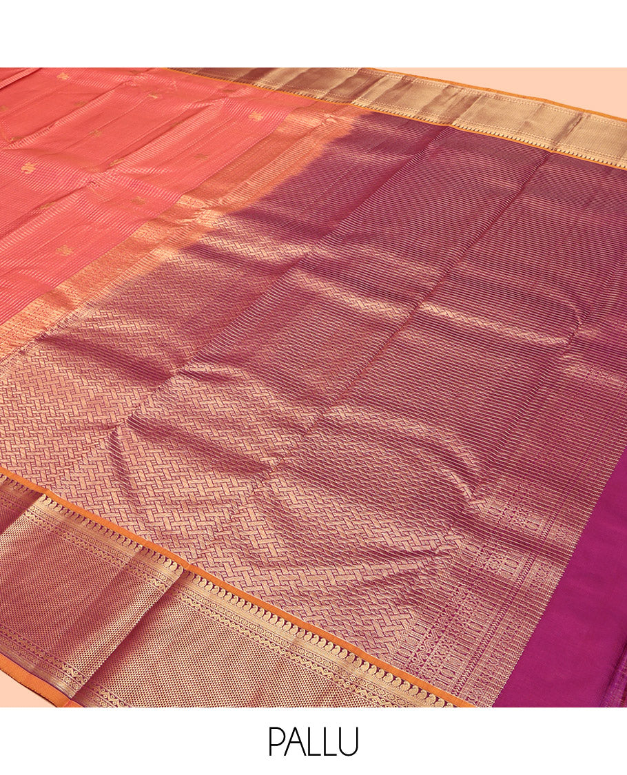 Peach Vasundhara Lite Silk Mix Saree, Featuring Kuthirai Buttas and Checks, Contrast Border of Manga, Muthu, Cross Kamalam, Neli, and Ara Maadam, Grand Pallu, and a Contrast Blouse