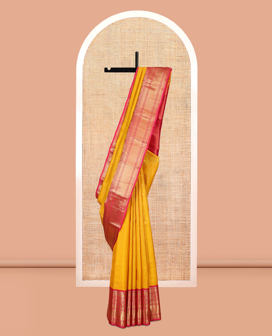 Yellow Zari Checked Vasundhara Lite Silk Mix Saree, a Contrast Chakram Zari Border, Contrast Blouse