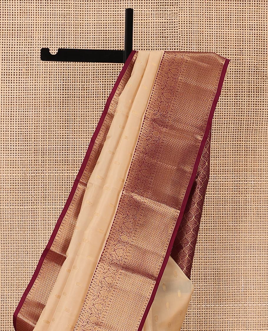 Sandal zari buttas Vasundhara silk mix saree, contrast geometric patterned zari border, and jaal pallu