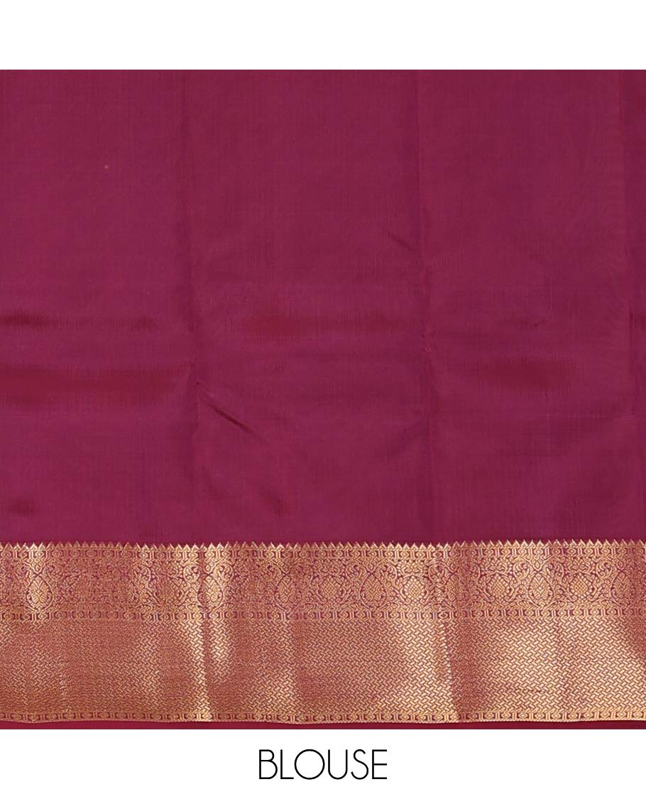 Sandal zari buttas Vasundhara silk mix saree, contrast geometric patterned zari border, and jaal pallu