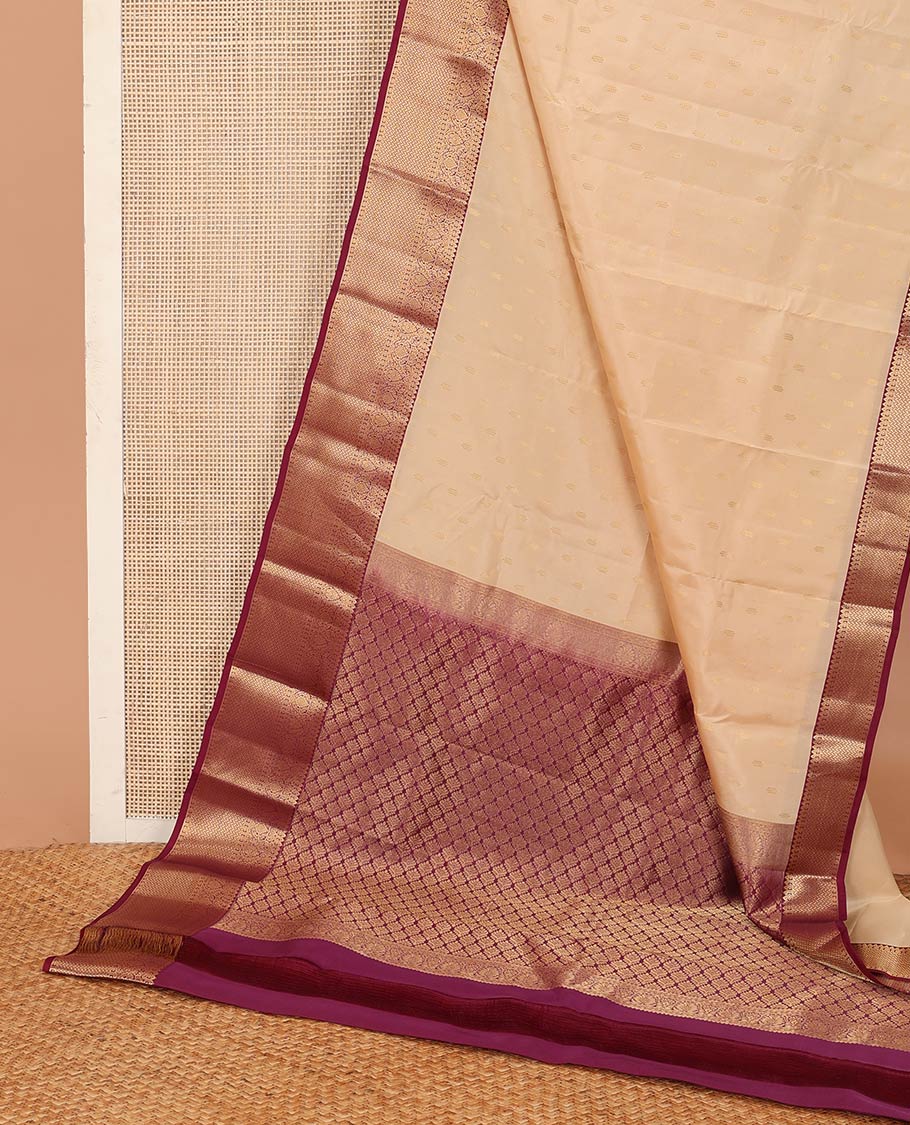 Sandal zari buttas Vasundhara silk mix saree, contrast geometric patterned zari border, and jaal pallu