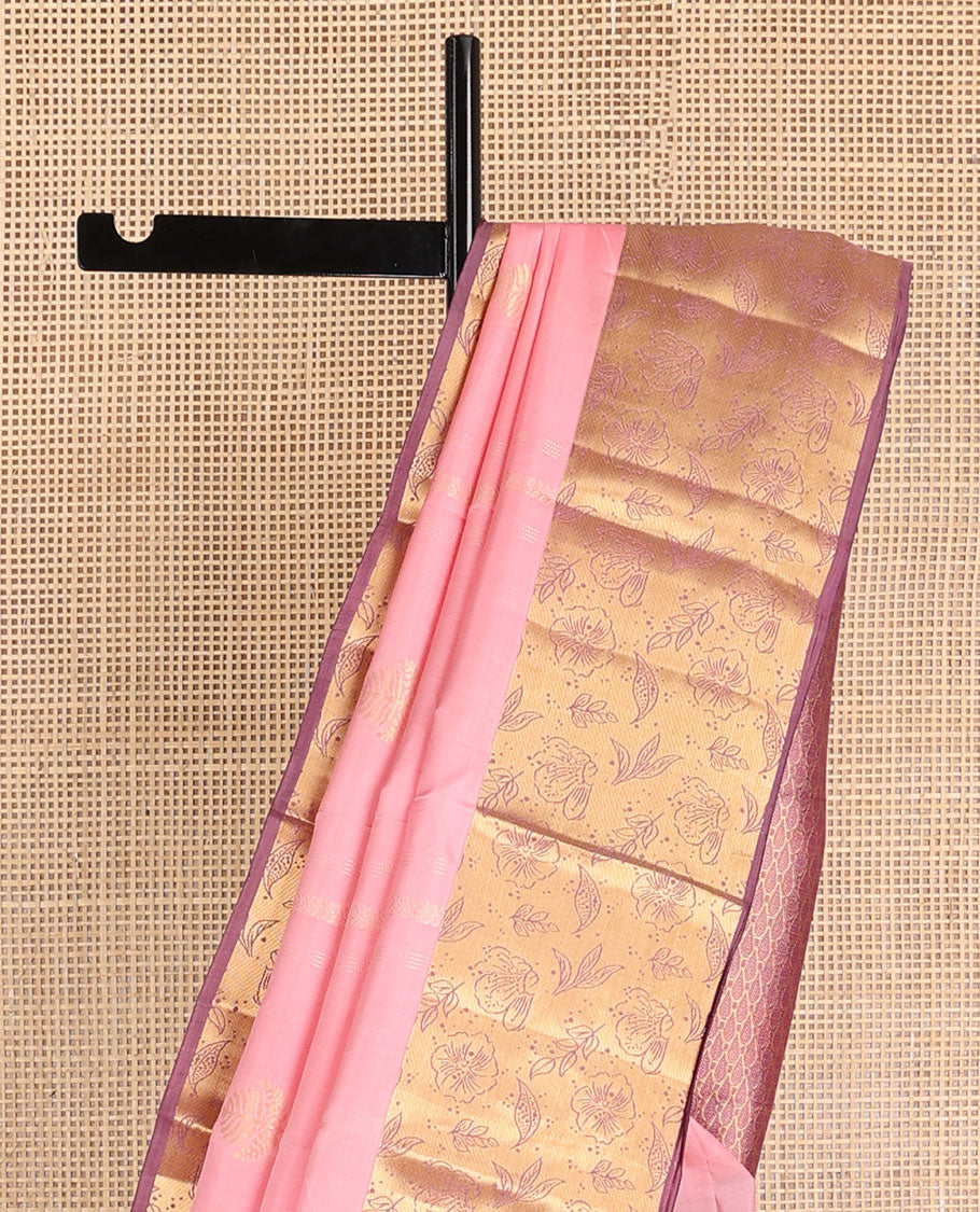 Baby pink buttas vasundhara elite silk saree with contrast floral design border & ogee design pallu