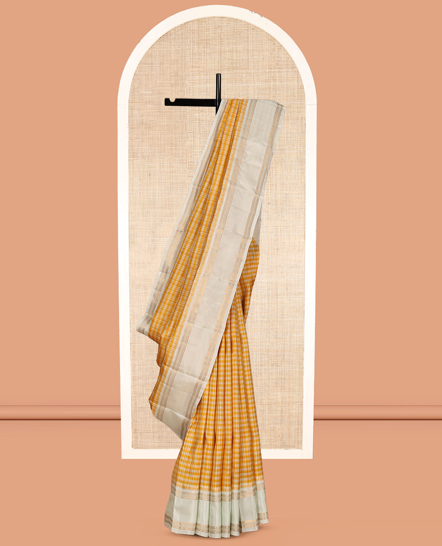 Yellow Checked Vasundhara Lite Silk Mix Saree, a Contrast Rettai Pettu Border, Zari Striped Pallu, and a Contrast Blouse