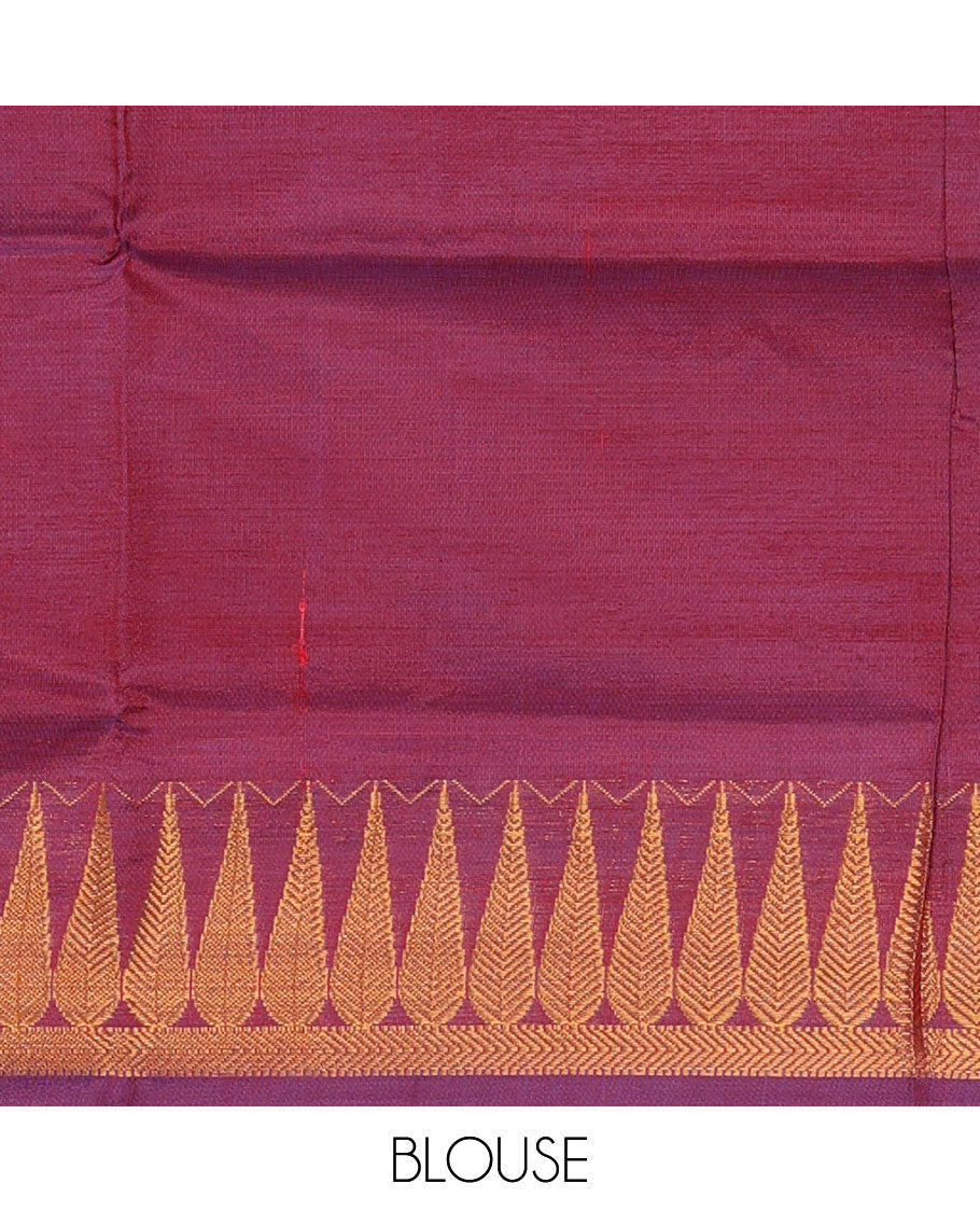 Grey buttas banana pith saree, contrast temple border, and contrast pallu of stripes, and buttas