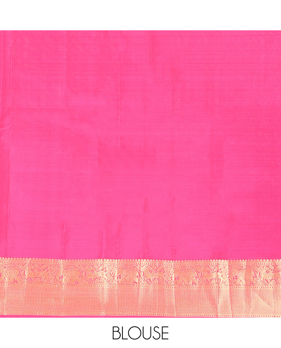 Orange zari striped Vasundhara silk saree, contrast border of thilakam mokku, yaanai, kuthirai, and kuyil kann designs, and jaal pallu