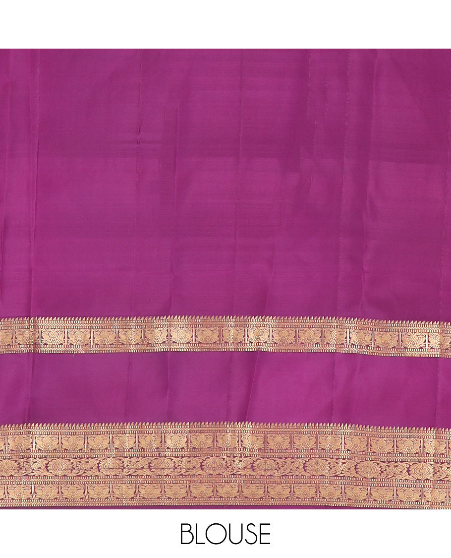 Green micro-checked with annam chakram buttas silk saree, contrast rettai pettu border of ara bogudi, muthu, banaras,iruthalai pakshi and poo chakram, and jaal pallu