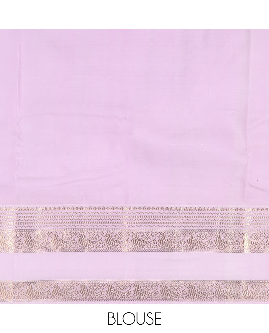 Blue zari buttas silk saree with contrast rettai pettu border of rekku, kathir, and mayil designs, and zari-rich pallu