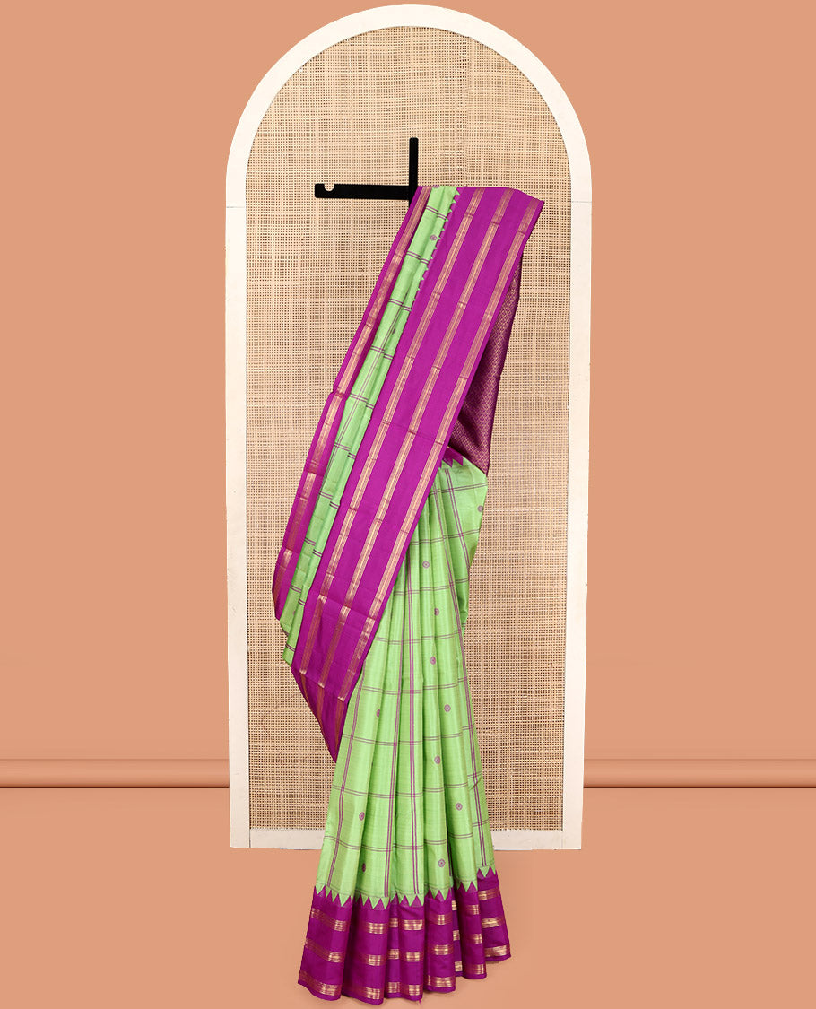 Green Vasundhara Silk Saree, Delicately Woven with Butta Enclosed Checks, Complemented by a Contrast Thazampoo Rekku Border of Banaras, Intricately Designed Pallu, and a Contrast Blouse