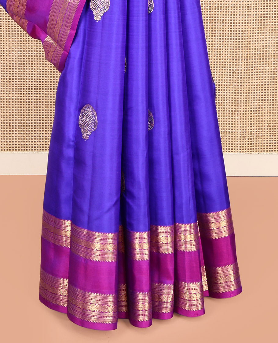 Violet Vasundhara Silk Saree, Embellished with Zari Buttas, a Contrast Traditional Rettai Pettu Zari Border, Grand Pallu, and a Contrast Blouse