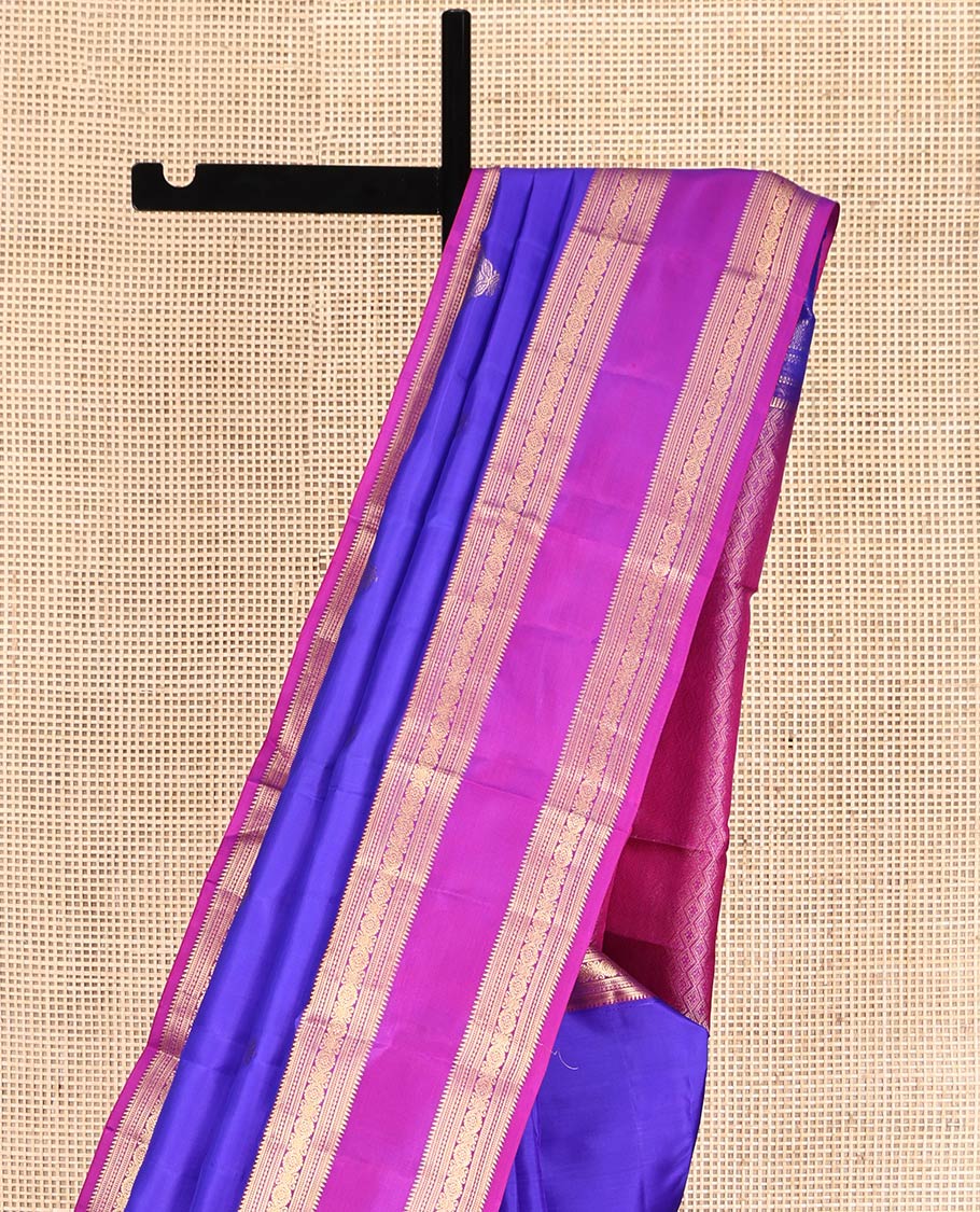 Violet Vasundhara Silk Saree, Embellished with Zari Buttas, a Contrast Traditional Rettai Pettu Zari Border, Grand Pallu, and a Contrast Blouse