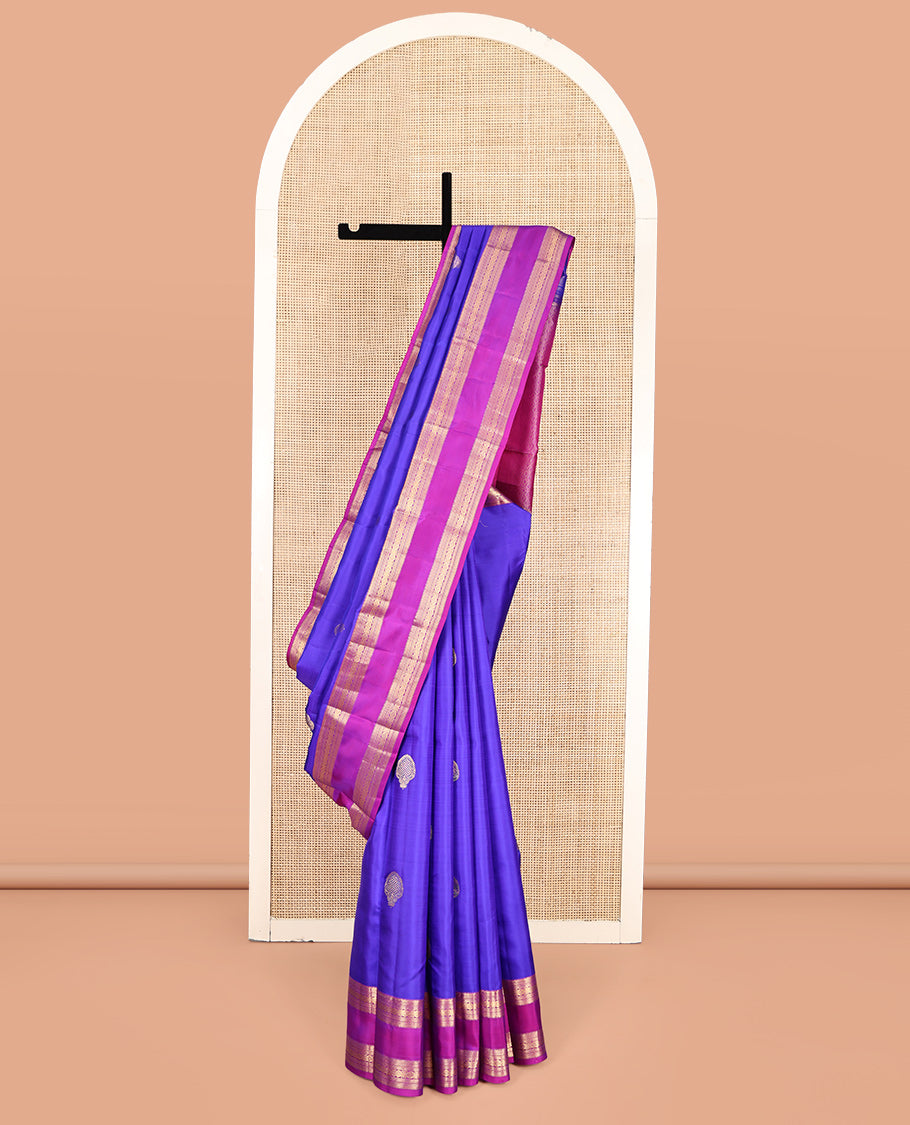 Violet Vasundhara Silk Saree, Embellished with Zari Buttas, a Contrast Traditional Rettai Pettu Zari Border, Grand Pallu, and a Contrast Blouse