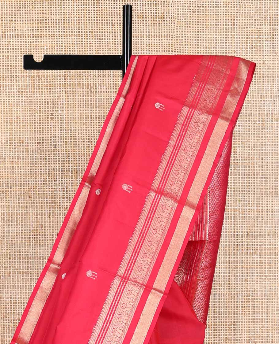 Red floral buttas silk saree with self muthu, banaras, kuyil kann design & jaal design pallu