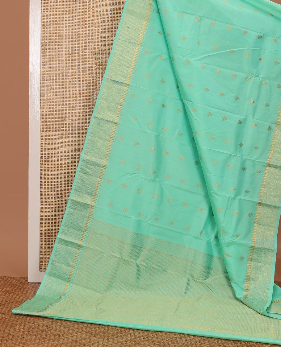 Green zari buttas silk saree, zari border of thazampoo rekku & muthu stripes & zari design pallu