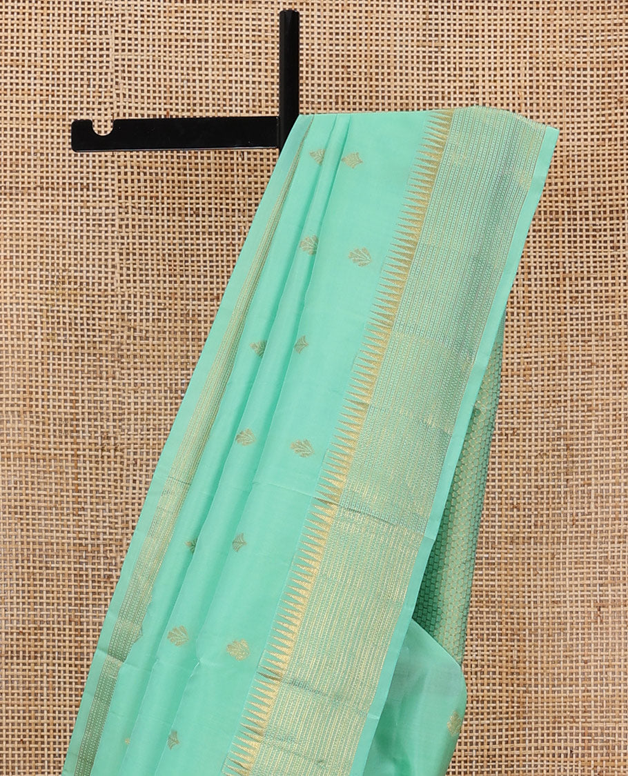 Green zari buttas silk saree, zari border of thazampoo rekku & muthu stripes & zari design pallu