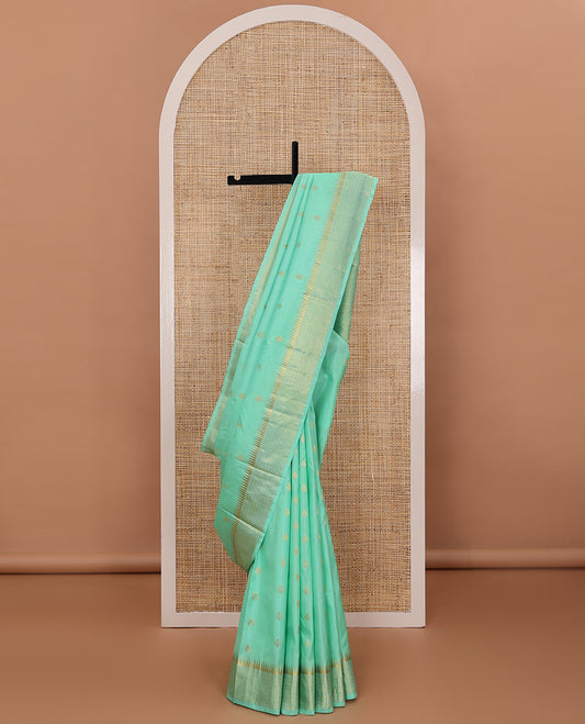 Green zari buttas silk saree, zari border of thazampoo rekku & muthu stripes & zari design pallu